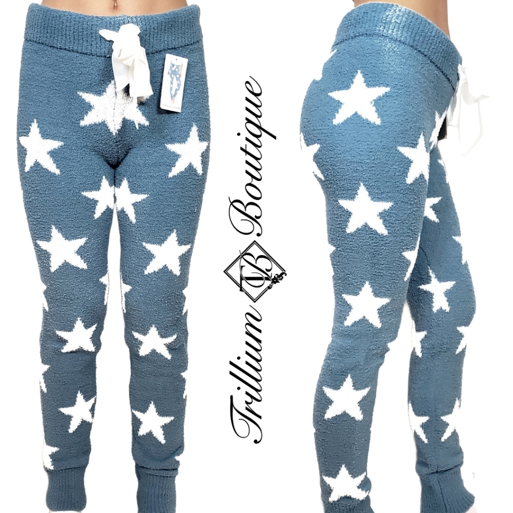 Honeydew Women's Blue Lovebird Stars Print Chenille Leggings Loungewear Cozy NWT